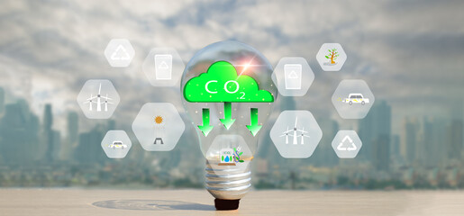 Net Zero and Carbon Neutral concept. Light bulbs with NetZero icon, innovative renewable energy,...