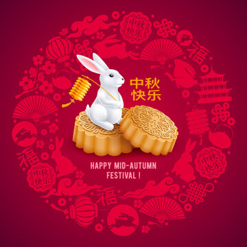 Creative greeting card for Mid Autumn Festival, Moon festival. Cute rabbit sitting on moon cakes and holding paper lantern. Translation Happy Mid Autumn Festival. Vector 3d illustration