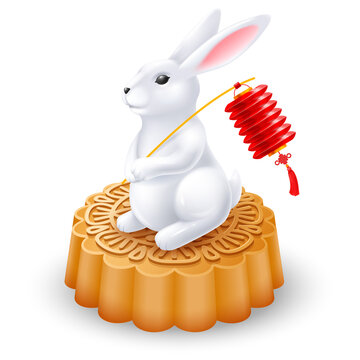Mid Autumn Festival, Rabbit sitting on moon cake and holding red paper lantern. Vector 3d illustration