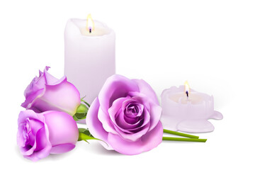 Realistic candle and rosebuds on a white background. Vector illustration