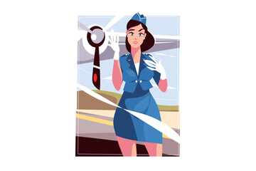Stewardess in blue uniform at work
