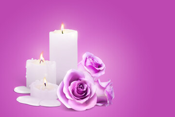 Realistic candles and rosebuds on a purple background. Vector illustration