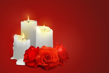 Realistic candles and rosebuds on a red background. Vector illustration