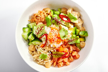 Poke with salmon, cut avocado and tofu side view