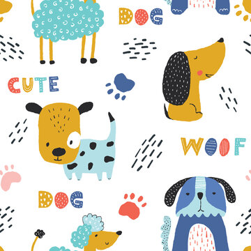Fototapeta Childish seamless pattern with funny creative dogs. Creative childish texture in scandinavian style. Great for fabric, textile Vector Illustration.