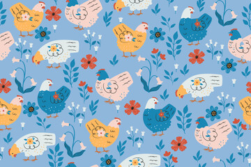 Materiał do szycia Seamless pattern with cute chickens and flowers. Vector graphics.