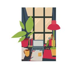 flat illustration background cozy study, table with laptop and textbooks, tea mug and plant,home learning atmosphere, school