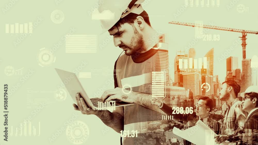 Poster future building construction and inventive engineering project concept with hud hologram graphic des