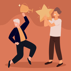 men holds trophy and star