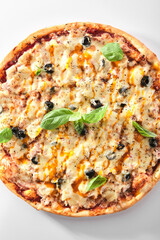 Thin Hawaiian Pizza with Chicken Fillet and Pineapples Isolated