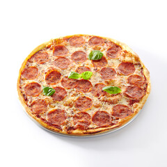 Traditional Italian Pepperoni Pizza, Isolated Fast Food Closeup