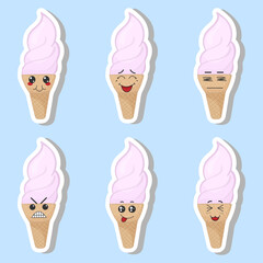 Fototapeta premium Vector set of funny ice cream stickers with kawaii emotions. Kawaii faces. Vector illustration of cartoon ice cream