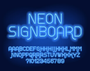 Neon Signboard alphabet font. Blue neon color geometric letters with alternates and numbers. Stock vector typeface for your design.