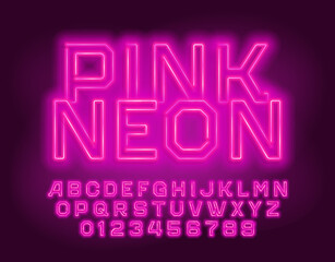 Pink Neon alphabet font. Neon color geometric letters and numbers. Stock vector typescript for your design.