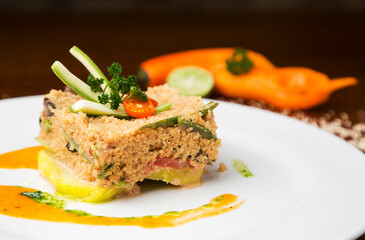 typical dish of peru, peruvian food on a restaurant table.