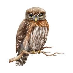 Northern pygmy owl bird. Watercolor realistic illustration. Hand drawn North America wildlife forest bird. Small brown pygmy owl with fluffy feathers and yellow eyes. Isolated on white background