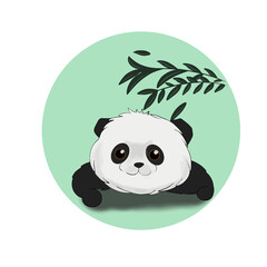 cute chubby panda lies and looks and bamboo on background