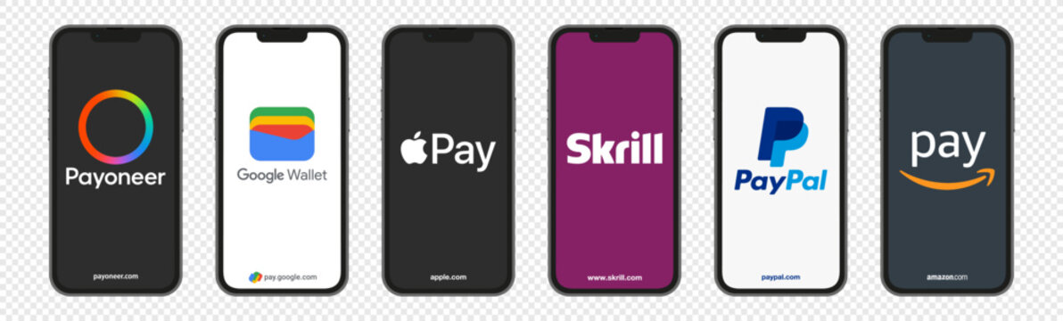 Top payment services virtual on smartphone screen, Payoneer, Google Wallet, Apple Pay, Skrill, PayPal, Amazon Pay, vector editorial illustration