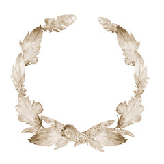 Feathers. Vintage rounded frame in boho style. Watercolor hand drawn illustration