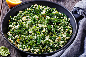 Spanakorizo, Greek spinach and rice pilaf in pan