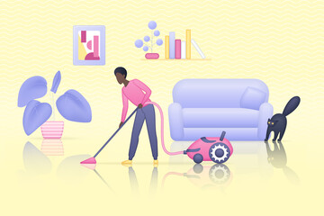 Man housekeeping in home living room, cleaning dust and trash from floor with vacuum cleaner. Guy vacuuming in interior with furniture and cat 3d vector illustration. Cleanup, service concept