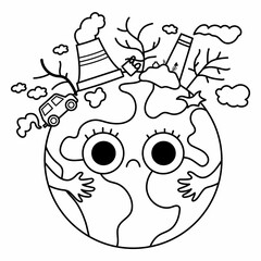 Vector black and white earth for kids. Earth day line illustration with sad kawaii polluted planet. Environment friendly icon or coloring page with globe and power plant, waste.