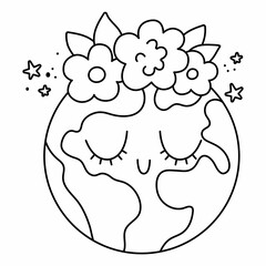 Vector black and white earth for kids. Earth day line illustration with cute kawaii smiling planet with closed eyes. Environment friendly icon or coloring page with globe and flowers.