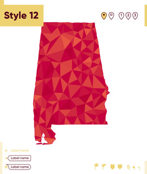 Alabama, USA - red low poly map, polygonal map. Outline map. Vector illustration.