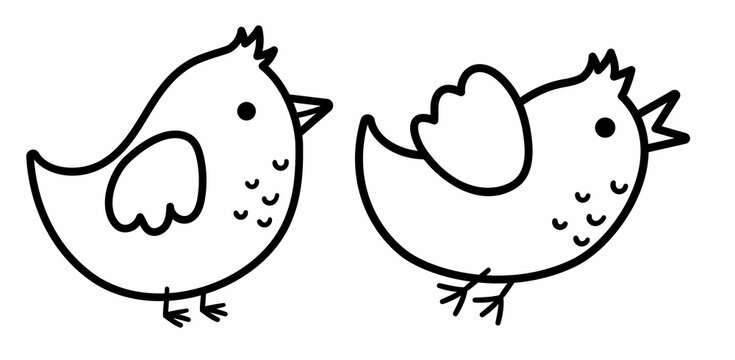 Vector black and white sitting and flying bird. Funny line woodland animal icon. Cute forest illustration or coloring page for kids isolated on white background. .