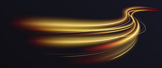 Abstract shiny color gold wave light effect vector illustration. Magic golden luminous glow design element on dark background, orange and yellow luminosity, abstract neon motion glowing wavy lines © lembergvector