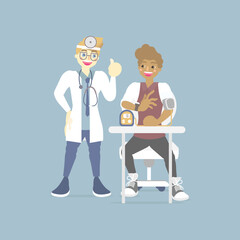 male doctor checking, caring measuring blood pressure for african american  patient, health care, medical examination concept, flat character design clip art vector illustration