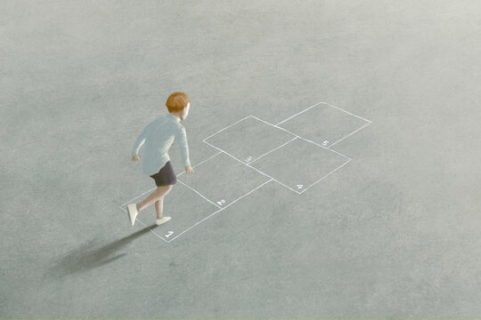 illustration of young boy playing hopscotch, balance concept