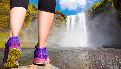 Woman walking sport feet on trail healthy lifestyle fitness - View of famous Skogafoss waterfall and amazing rainbow