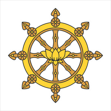 recommend clip art: Golden Dharma wheel. Dharmachakra Buddhism sacred symbol. Isolated vector illustration