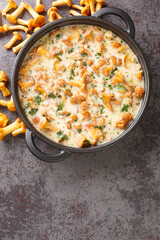 Creamy sauce with chanterelle mushrooms, cheese, garlic and herbs close-up in a frying pan on the table. vertical top view from above