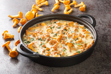 Stewed chanterelle mushrooms with cheese, garlic, cream and herbs close-up in a pan on the table....