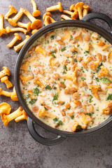 Tasty creamy chanterelle sauce in a pan on a table, french cuisine. Vertical top view from above © FomaA
