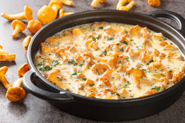 Chanterelle with white wine cream sauce closeup in a pan on a table. Horizontal