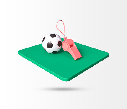Football goal post 3d icon. Realistic soccer ball and goal bar icon. Football concept 2022. Green Football field with goal post. Soccer goal, field and ball. 3d rendered illustration.