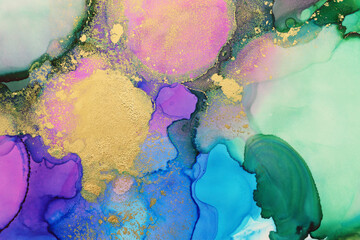 art photography of abstract fluid painting with alcohol ink, blue, green, pink and gold colors