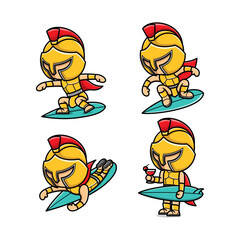 cute cartoon gladiator playing surfing