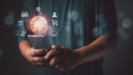 Businessman using mobile smart phone. Digital marketing media in virtual screen , global internet connection application technology and digital marketing, online shopping , Financial and banking