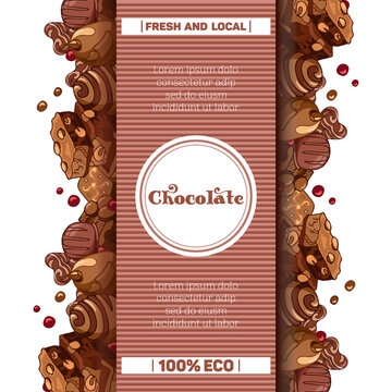 Graphic vintage illustration with milk chocolate pieces, nuts, candies. Packaging template. World Chocolate Day. For menu, label, product packaging