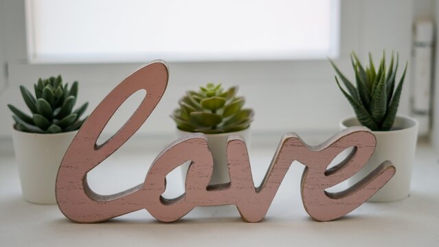 Letras LOVE en madera recortas en relieve con 3 macetitas de fondo en tonalidades blancas