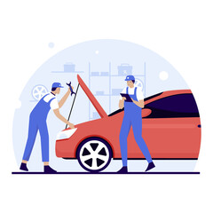 Car service and repair illustration concept. Illustration for websites, landing pages, mobile applications, posters and banners. Trendy flat vector illustration