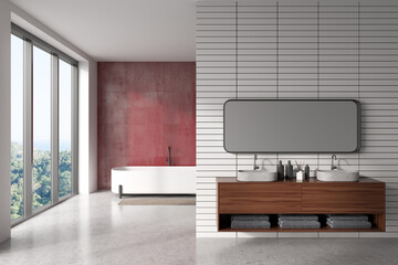 Front view on bright bathroom interior with bathtub, large mirror