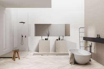 Fototapeta na wymiar Light bathroom interior with douche, bathtub, sink and accessories