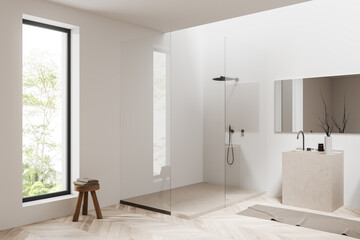 Light bathroom interior with douche and sink, panoramic window - obrazy, fototapety, plakaty