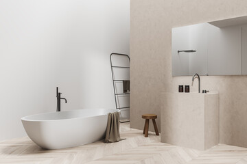 Fototapeta na wymiar Light bathroom interior with bathtub and washbasin. Mockup empty wall