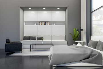 Grey bedroom interior with bed and couch with armchair, panoramic window